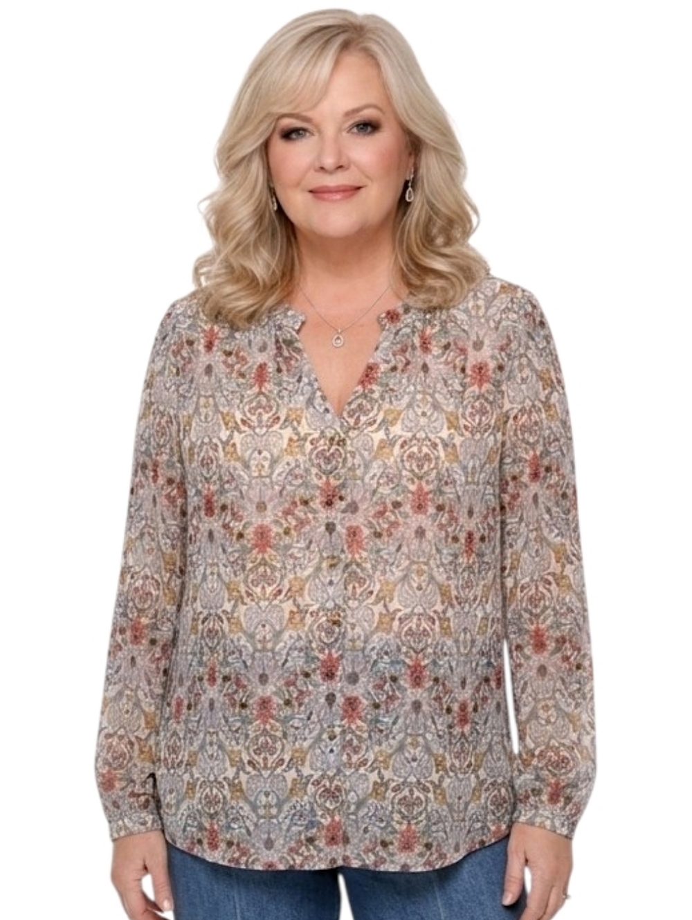 Democracy Multi Color Floral Pattern Smocked Button Down Blouse Size 2X